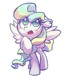 Size: 714x846 | Tagged: safe, artist:dawnfire, vapor trail, pegasus, pony, g4, top bolt, blush sticker, blushing, colored pupils, cute, female, long mane, looking up, mare, open mouth, raised hoof, simple background, solo, spread wings, transparent background