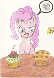 Size: 1616x2320 | Tagged: safe, artist:stardustchild01, derpy hooves, pinkie pie, pegasus, pony, g4, choice, cupcake, drool, female, food, mare, muffin, traditional art