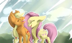 Size: 5184x3096 | Tagged: safe, artist:sneakyskybison, applejack, fluttershy, earth pony, pegasus, pony, g4, cute, duo, eyes closed, impossibly large ears, laughing, laughingmares.jpg