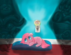 Size: 1398x1080 | Tagged: safe, artist:fluffsplosion, fluffy pony, afraid of the dark, cushion, floppy ears, looking up, monster, nightlight, prone, scared