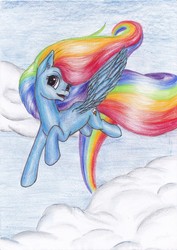 Size: 2484x3508 | Tagged: safe, artist:ekaterina07, rainbow dash, pony, g4, alternate hairstyle, butt wings, cloud, female, flying, high res, rainbow trail, solo, traditional art