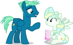 Size: 4000x2515 | Tagged: safe, artist:limedazzle, sky stinger, vapor trail, pegasus, pony, g4, cloth, duo, female, high res, hoof hold, male, mare, raised hoof, simple background, sitting, smiling, stallion, towel, transparent background, vector