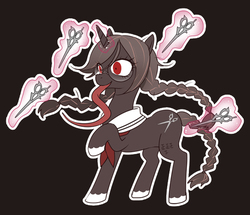 Size: 556x479 | Tagged: safe, artist:牛【仕事募集中】, pony, unicorn, black background, braid, braided tail, crazy eyes, crossover, danganronpa, female, genocide jack, glasses, insanity, levitation, long tongue, magic, mare, pigtails, pixiv, ponified, red eyes, scissors, simple background, solo, telekinesis, toko fukawa, tongue out, twintails, unshorn fetlocks