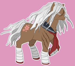 Size: 620x551 | Tagged: safe, artist:牛【仕事募集中】, earth pony, pony, angry, bandage, danganronpa, female, looking at you, mare, pink background, pixiv, ponified, sakura ogami, scar, simple background, solo