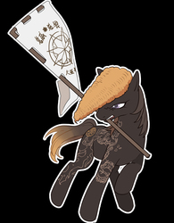 Size: 547x700 | Tagged: safe, artist:牛【仕事募集中】, earth pony, pony, danganronpa, flag, male, mondo owada, mouth hold, pixiv, pompadour, ponified, solo, stallion, tattoo