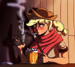 Size: 1280x1144 | Tagged: safe, artist:crade, applejack, human, g4, alcohol, ashtray, beer, cider, cigarette, cowgirl, female, gun, humanized, smoking, solo, weapon