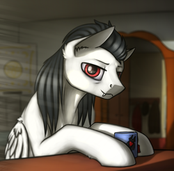 Size: 1211x1194 | Tagged: safe, artist:dipfanken, oc, oc only, bat pony, pony, bar, crepuscular rays, cup, drink, fangs, looking at you, morning, morning ponies, red eyes, solo