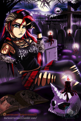 Size: 1280x1920 | Tagged: safe, artist:darkmirroremo23, sunset shimmer, crow, equestria girls, g4, alternative cutie mark placement, bracelet, breasts, busty sunset shimmer, candle, clothes, crescent moon, cross, ear piercing, emo, female, fire, gothic, graveyard, halloween, holiday, jewelry, midriff, moon, pantyhose, piercing, pleated skirt, sitting, skirt, skull, solo, spiked wristband, tank top