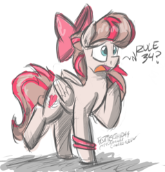 Size: 1521x1590 | Tagged: safe, artist:flutterthrash, angel wings, pegasus, pony, top bolt, 30 minute art challenge, bow, bracelet, confused, female, frown, hair bow, open mouth, raised leg, solo