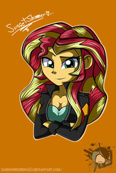 Size: 1280x1920 | Tagged: safe, artist:darkmirroremo23, sunset shimmer, equestria girls, g4, breasts, busty sunset shimmer, cleavage, clothes, crossed arms, female, jacket, leather jacket, looking at you, orange background, simple background, smiling, solo