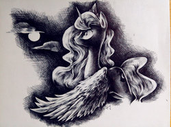Size: 2500x1853 | Tagged: safe, artist:lililioon, princess luna, alicorn, pony, g4, cloud, female, monochrome, moon, night, solo, traditional art