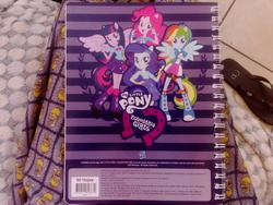 Size: 2560x1920 | Tagged: safe, artist:toonalexsora007, pinkie pie, rainbow dash, rarity, twilight sparkle, human, equestria girls, g4, clothes, hasbro logo, homer simpson, humanized, irl, merchandise, my little pony logo, notebook, photo, ponied up, sandals, smiling, spanish