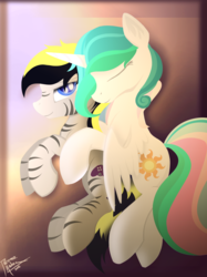 Size: 1224x1638 | Tagged: safe, artist:pedrohander, princess celestia, oc, alicorn, pony, zebra, g4, canon x oc, cuddling, cute, request, shipping, sleeping, spooning