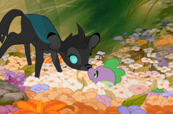 Size: 720x475 | Tagged: safe, artist:lesbang, spike, thorax, changeling, dragon, g4, season 6, the times they are a changeling, bambi, boop, crossover, cute, disney, flower, noseboop, spikabetes, thorabetes