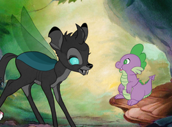 Size: 1024x759 | Tagged: safe, artist:lesbang, spike, thorax, changeling, g4, season 6, the times they are a changeling, bambi, cute, disney, fangs, looking at each other, open mouth, smiling, spikabetes, thorabetes