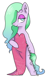 Size: 606x970 | Tagged: safe, artist:oreomonsterr, oc, oc only, oc:pastel flower, pony, bipedal, clothes, cosplay, costume, dress, hair over one eye, jessica rabbit, side slit, solo, watermark, who framed roger rabbit