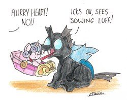 Size: 1808x1425 | Tagged: safe, artist:bobthedalek, princess flurry heart, thorax, alicorn, changeling, pony, g4, the times they are a changeling, cute, cuteling, dialogue, eyes closed, fangs, flurrybetes, hug, levitation, long tongue, magic, offscreen character, open mouth, simple background, sitting, smiling, telekinesis, thorabetes, tongue hold, tongue out, traditional art, white background, wide eyes