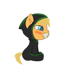 Size: 1782x2000 | Tagged: safe, artist:the-crusader-network, oc, oc only, oc:knil, age regression, blushing, clothes, cosplay, costume, foal, hoodie, onesie, overwatch, pacifier, reaper (overwatch), solo