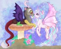 Size: 1400x1120 | Tagged: safe, artist:pigzfairy, discord, princess celestia, alicorn, draconequus, fairy, fairy pony, pony, g4, curved horn, fairy wings, female, flower, horn, looking at each other, male, mare, mushroom, ship:dislestia, shipping, smiling, straight, style emulation, unshorn fetlocks