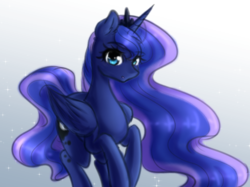 Size: 1280x956 | Tagged: safe, artist:fluffymaiden, princess luna, g4, female, gradient background, looking at you, missing accessory, open mouth, solo, sparkles