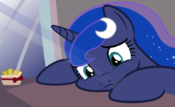 Size: 2309x1413 | Tagged: safe, artist:arifproject, princess luna, pony, g4, boutique depression, exotic butters, female, five nights at freddy's: sister location, frown, hair ornament, looking down, sad, solo, squishy cheeks, unhappy