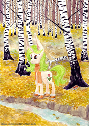 Size: 2469x3508 | Tagged: safe, artist:sanya-mosaica, oc, oc only, oc:blooming pencil, autumn, forest, high res, river, solo, traditional art