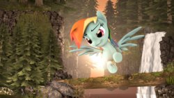 Size: 4000x2250 | Tagged: safe, artist:redaceofspades, rainbow dash, g4, 3d, female, flower, flying, forest, lens flare, log, poster, solo, source filmmaker, waterfall