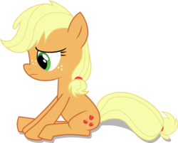 Size: 6751x5430 | Tagged: safe, artist:shutterflyeqd, applejack, earth pony, pony, g4, where the apple lies, absurd resolution, female, filly, floppy ears, freckles, frown, looking down, sad, simple background, sitting, solo, teenage applejack, transparent background, younger
