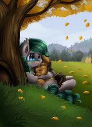 Size: 2550x3509 | Tagged: safe, artist:pridark, oc, oc only, oc:nightshine, bat pony, pony, autumn, cute, duo, eyes closed, fangs, forest, grass, grass field, high res, hug, smiling, tree