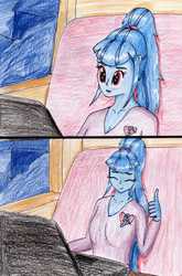 Size: 2236x3383 | Tagged: safe, artist:40kponyguy, derpibooru exclusive, sonata dusk, siren, equestria girls, g4, approval, computer, computer reaction faces, eyes closed, female, high res, laptop computer, reaction image, solo, thumbs up, traditional art