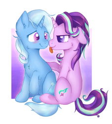 Size: 700x770 | Tagged: safe, artist:falldust, starlight glimmer, trixie, pony, unicorn, g4, blushing, duo, female, lesbian, mare, ship:startrix, shipping, sitting, smiling, tongue out