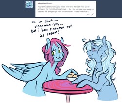 Size: 1083x913 | Tagged: safe, artist:ask-tootie-frutie, trixie, oc, oc:tootie frootie, pegasus, pony, g4, ask, bust, cherry, dialogue, food, grin, ice cream, looking back, raised eyebrow, raised hoof, simple background, smiling, table, tumblr, white background