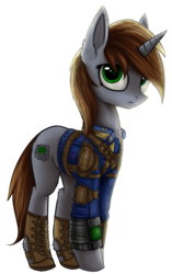 Size: 1063x1693 | Tagged: safe, artist:setharu, oc, oc only, oc:littlepip, pony, unicorn, fallout equestria, clothes, fanfic, fanfic art, female, hooves, horn, jumpsuit, looking at you, mare, pipboy, pipbuck, simple background, solo, transparent background, vault suit