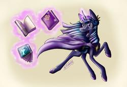 Size: 954x654 | Tagged: safe, artist:kodiiver, oc, oc only, oc:pluto, pony, unicorn, book, cape, clothes, magic, solo