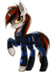 Size: 1423x1900 | Tagged: safe, artist:setharu, oc, oc only, oc:blackjack, pony, unicorn, fallout equestria, fallout equestria: project horizons, cheek fluff, chest fluff, clothes, colored sclera, ear fluff, fallout, female, horn, jumpsuit, looking at you, mare, raised hoof, simple background, small horn, smiling, smirk, solo, transparent background, vault security armor, vault suit, yellow sclera