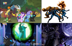 Size: 1971x1280 | Tagged: safe, edit, edited screencap, screencap, discord, queen chrysalis, starlight glimmer, thorax, trixie, changeling, changeling queen, pony, unicorn, g4, to where and back again, fantastic four, female, human torch, invisible woman, mare, mr. fantastic, projector, reformed four, skrull, the thing (marvel), veranke