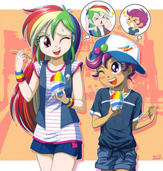 Size: 1100x1149 | Tagged: safe, artist:uotapo, edit, rainbow dash, scootaloo, human, equestria girls, g4, baseball cap, blushing, brain freeze, clothes, colored pupils, cute, cutealoo, dashabetes, denim, female, food, hat, human coloration, ice cream, light skin, one eye closed, open mouth, scootalove, shaved ice, shirt, shorts, sorbet, spoon, thought bubble, uotapo is trying to murder us, vest, wink