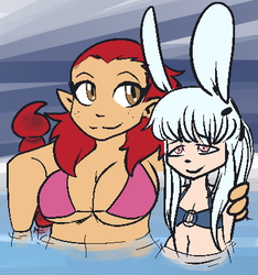 Size: 391x417 | Tagged: safe, artist:/d/non, oc, oc only, oc:cottonball, oc:lenora, satyr, belly button, bikini, breasts, bunny ears, clothes, hot tub, implied bestiality, midriff, parent:angel bunny, parent:manticore, swimsuit