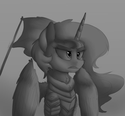 Size: 2000x1860 | Tagged: safe, artist:vanillaghosties, princess celestia, g4, armor, bust, female, flag, gradient background, grayscale, gritted teeth, lidded eyes, monochrome, solo