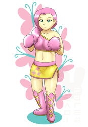 Size: 1024x1471 | Tagged: safe, artist:usagiforehead, fluttershy, human, g4, belly button, boots, boxing, boxing gloves, clothes, female, fit, humanized, martial arts, midriff, ponytail, side slit, skirt, slender, solo, sports bra, thin, trunks