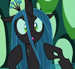 Size: 520x480 | Tagged: safe, screencap, queen chrysalis, changeling, changeling queen, g4, to where and back again, changeling hive, cropped, female, glare, pointing, solo, throne