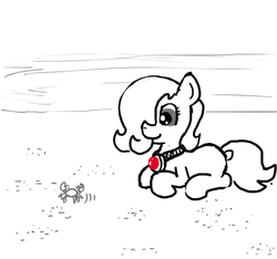Size: 640x600 | Tagged: safe, artist:ficficponyfic, oc, oc only, oc:emerald jewel, crab, earth pony, pony, colt quest, amulet, beach, blank flank, child, colt, cute, foal, hair over one eye, happy, male, monochrome, ocean, partial color, resting, sand, smiling, solo, story included, water
