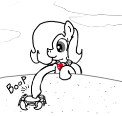 Size: 640x609 | Tagged: safe, artist:ficficponyfic, oc, oc only, oc:emerald jewel, crab, colt quest, beach, blank flank, boop, jewelry, monochrome, necklace, partial color