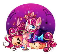 Size: 1200x1142 | Tagged: safe, artist:ipun, oc, oc only, oc:sugar spell, pony, unicorn, candle, food, halloween, hat, heart eyes, holiday, jack-o-lantern, pumpkin, simple background, solo, transparent background, wingding eyes, witch hat