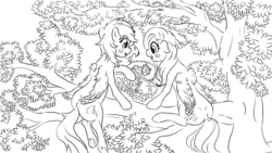 Size: 1024x576 | Tagged: safe, artist:vulthuryol00, fluttershy, rainbow dash, phoenix, g4, black and white, female, grayscale, lesbian, lineart, looking at something, monochrome, naturalist, nest, phoenix egg, ship:flutterdash, shipping, tree