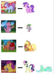 Size: 697x960 | Tagged: safe, amethyst star, applejack, applejack (g1), bon bon, bon bon (g1), lyra heartstrings, sparkler, sparkler (g1), spike, sweetie drops, earth pony, pony, g1, g4, apple, basket, bon bon is not amused, comparison, eyes closed, female, food, laughing, lidded eyes, looking back, mouth hold, on back, open mouth, paint, paint can, paintbrush, painting, phone, tongue out, unamused