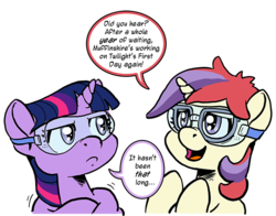 Size: 700x548 | Tagged: safe, artist:muffinshire, moondancer, twilight sparkle, pony, unicorn, comic:twilight's first day, g4, annoyed, bust, dialogue, female, filly, filly moondancer, filly twilight sparkle, frown, glare, goggles, lampshade hanging, open mouth, portrait, pouting, safety goggles, simple background, smiling, transparent background, wip