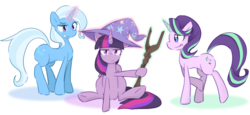 Size: 2877x1320 | Tagged: safe, artist:akainu_pony, starlight glimmer, trixie, twilight sparkle, alicorn, pony, g4, accessory swap, frown, grin, hoof hold, looking at you, magic, s5 starlight, simple background, sitting, smiling, smirk, staff, staff of sameness, telekinesis, trixie's hat, twilight sparkle (alicorn), unamused, underhoof, white background