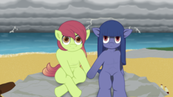 Size: 3840x2160 | Tagged: safe, artist:underwoodart, oc, oc only, oc:artline, oc:cosmia nebula, earth pony, pony, beach, commission, earth pony oc, high res, holding hooves, looking at you, ocean, overcast, sitting, staring at you, staring into your soul, storm