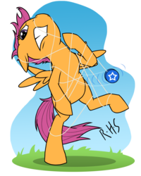 Size: 1080x1350 | Tagged: safe, artist:14dreamer, scootaloo, pegasus, pony, g4, bipedal, fail, female, partially transparent background, solo, standing, standing on one leg, tangled up, yo-yo